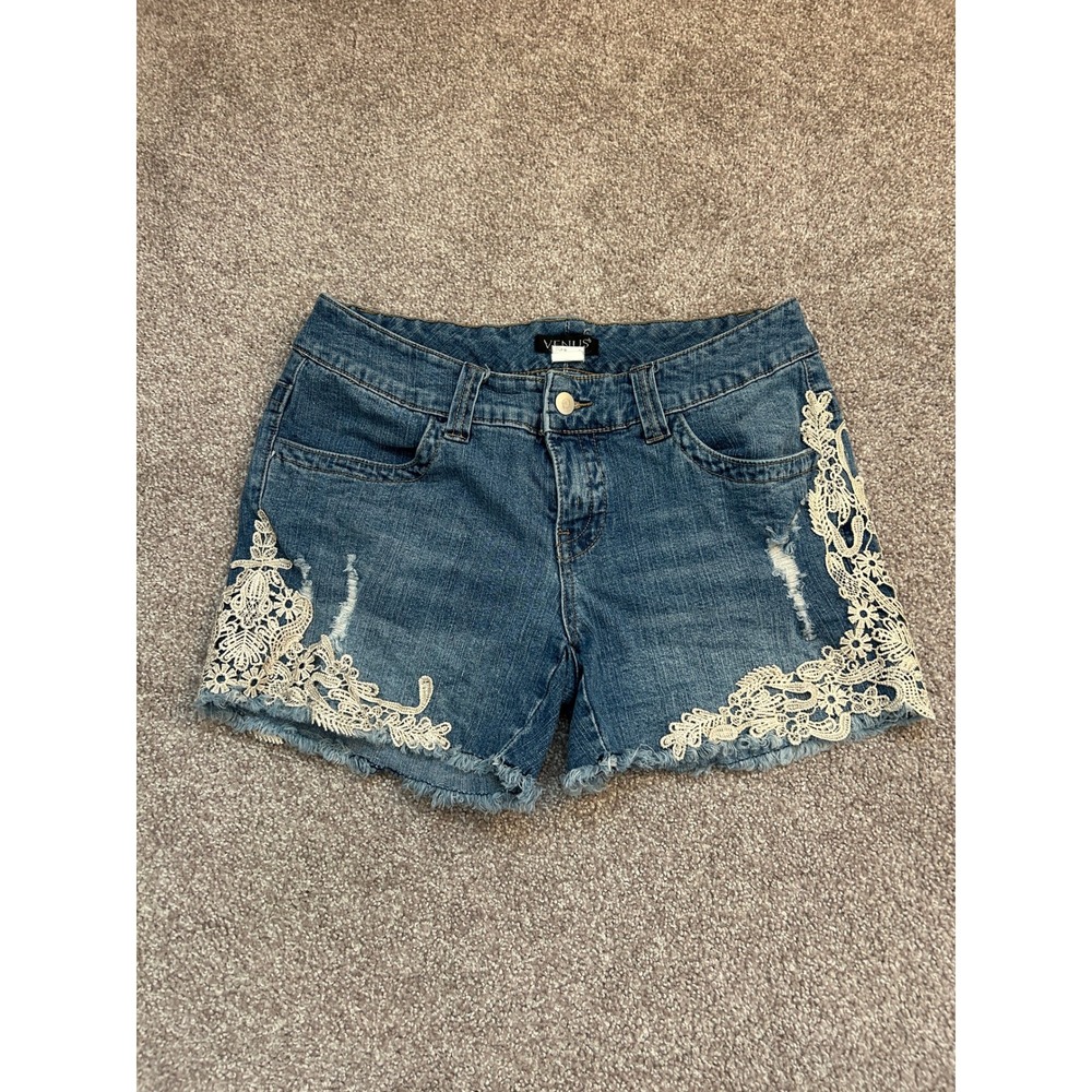 Venus Denim Shorts Womens 6 Blue Excellent Lace Crochet Distressed Frayed Hem